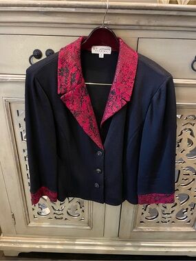 St. John black sweater Jacket with Red Snake-Print Trim